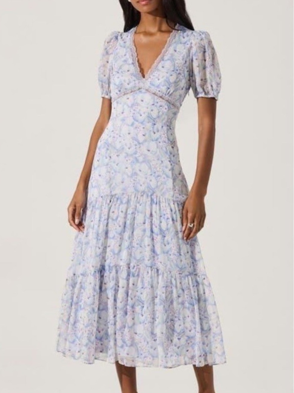 NWT ASTR Light Blue Floral Lace-Trim Midi Dress Small